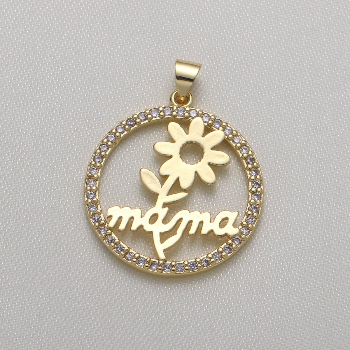 Golden Plated Mom Writing with Flower Charm CZ Floral Nature Mothers Love Micro Pave Charm Pendant GP-596 - DLUXCA