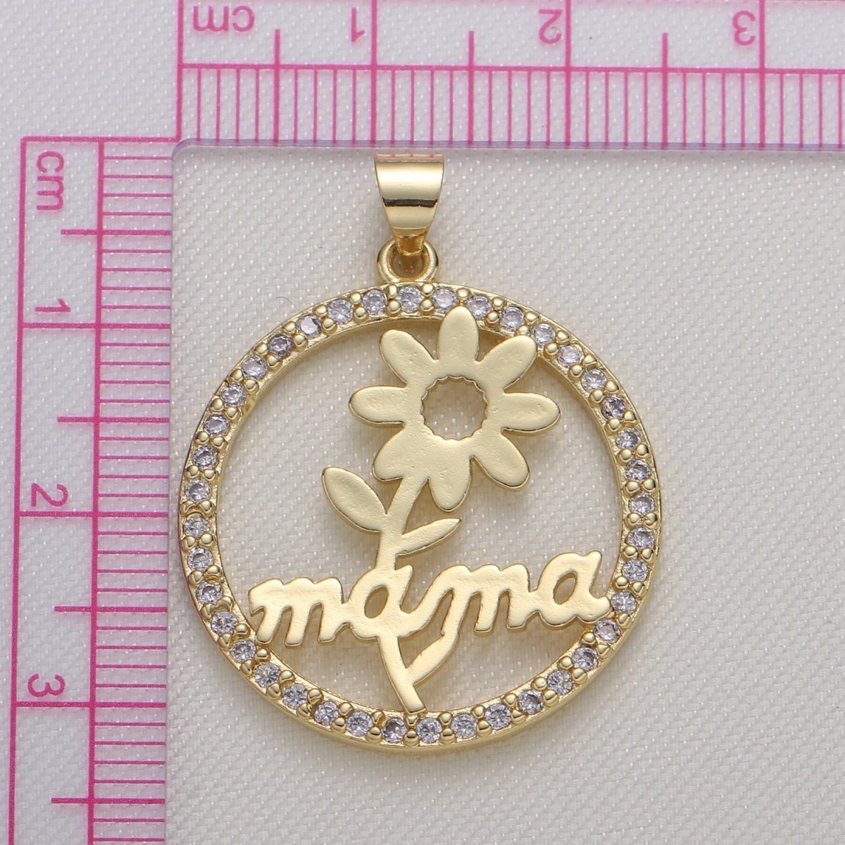 Golden Plated Mom Writing with Flower Charm CZ Floral Nature Mothers Love Micro Pave Charm Pendant GP-596 - DLUXCA