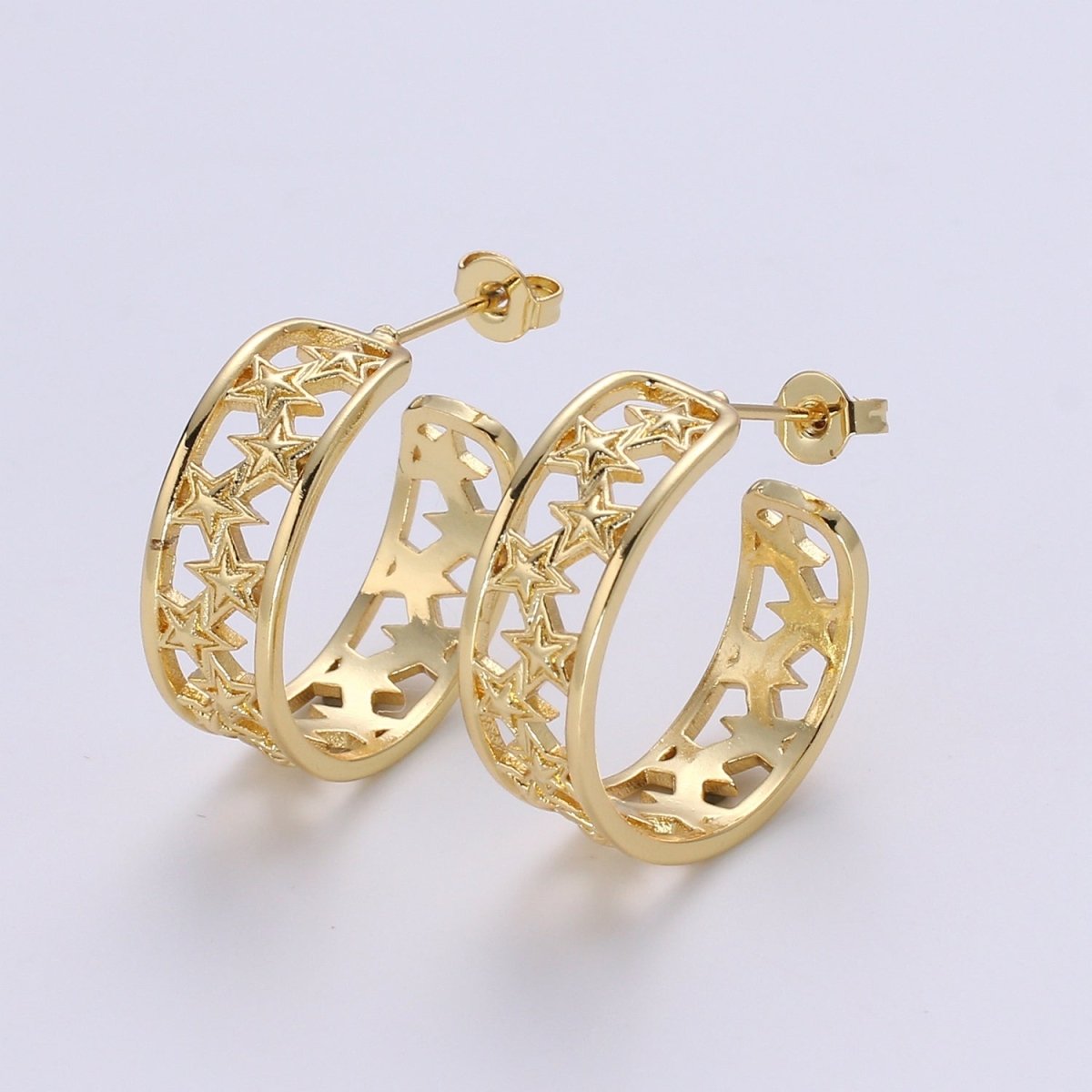 Golden Rail of Stars Huggies Earrings, Plain Gold Filled Geometric Star Lane Casual Daily Wear Earring Jewelry P-062 - DLUXCA
