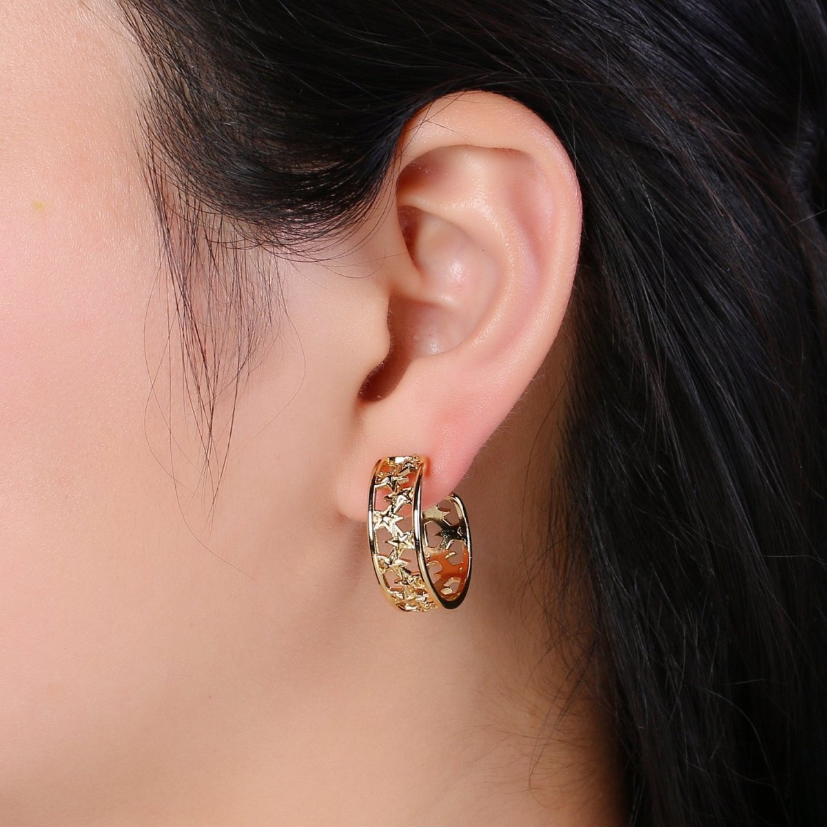 Golden Rail of Stars Huggies Earrings, Plain Gold Filled Geometric Star Lane Casual Daily Wear Earring Jewelry P-062 - DLUXCA