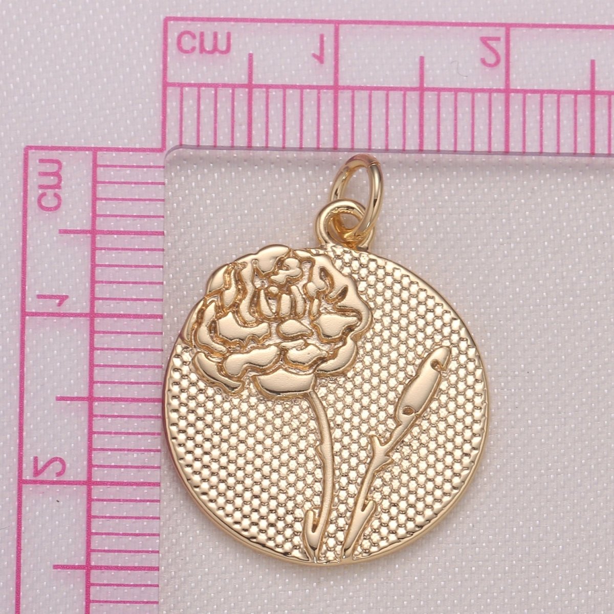 Golden Rose Medal Rustic Coin Charm, Gold Plated Floral Nature Medallion Charm Pendant GP-941 - DLUXCA