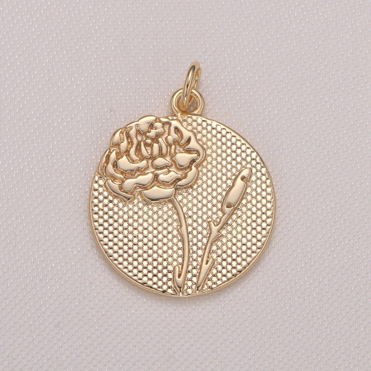 Golden Rose Medal Rustic Coin Charm, Gold Plated Floral Nature Medallion Charm Pendant GP-941 - DLUXCA