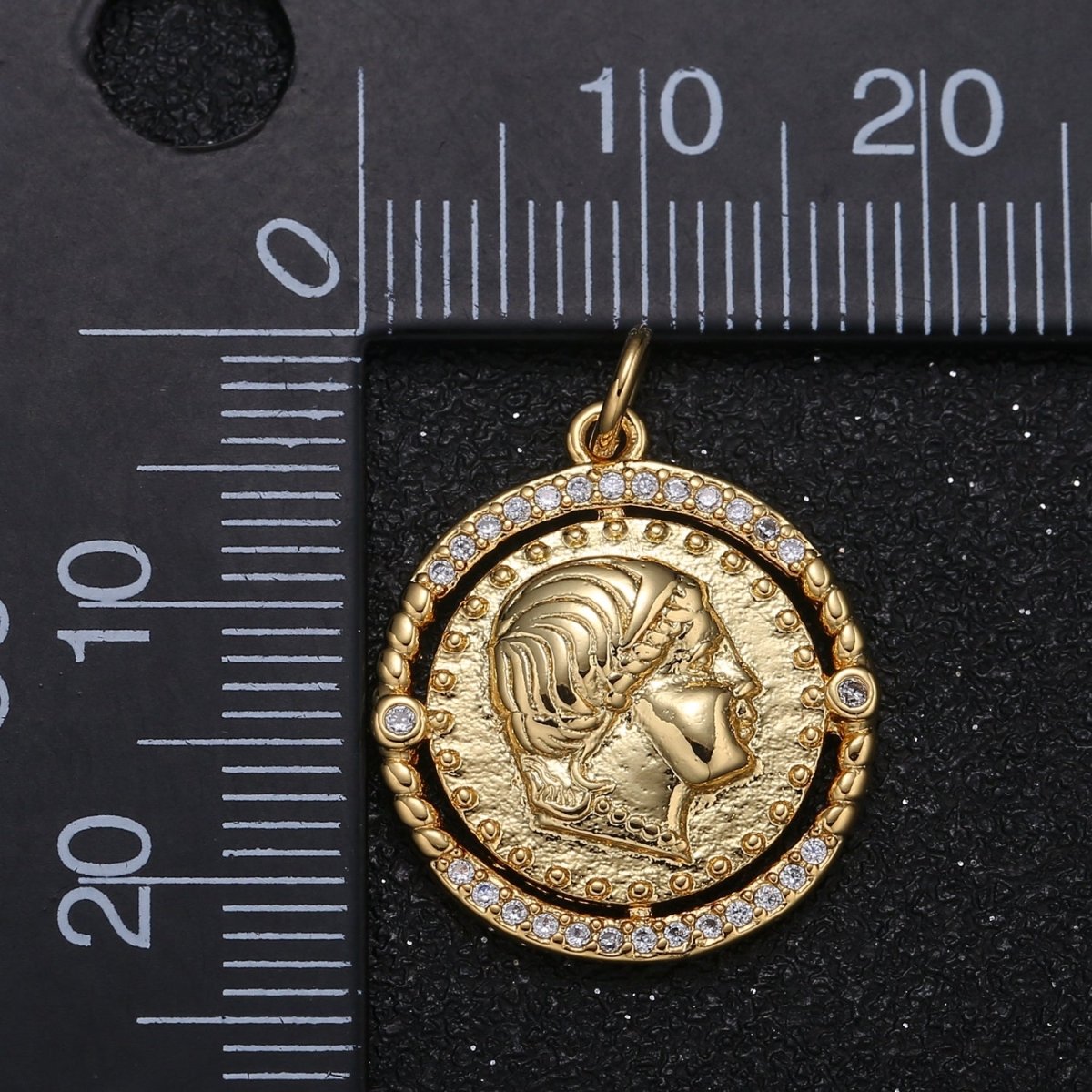 Golden Rustic Emperor Coin Charm CZ Dainty Micro Pave Geometric Round Medallion Charm Pendant GP-067 - DLUXCA