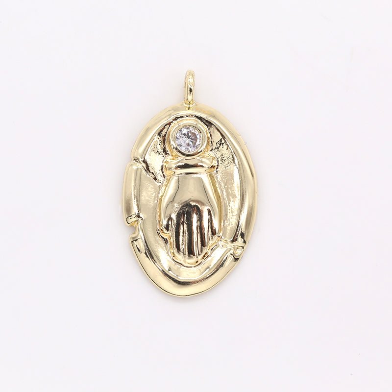 Golden Rustic Oval Coin Charm with Zirconia Stone CZ Crystal Geometric Shape Medallion Charm Pendant GP-410 GP-411 GP-414 GP-450 - DLUXCA