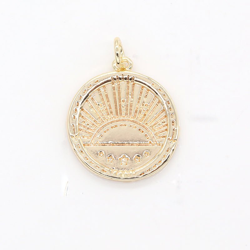 Golden Rustic Sun Rise Medallion Charm Morning Sunshine Coin Charm Pendant AC-1446 - DLUXCA