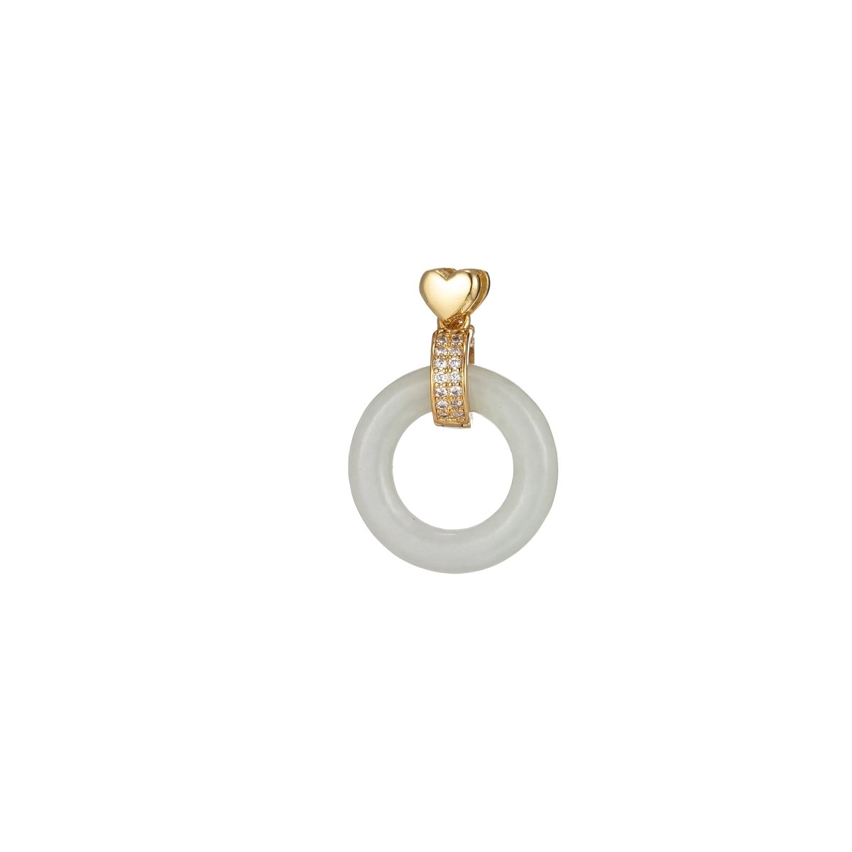 Good Fortune Gold Malay Jade Stone White Natural Stone Donut Ring Jade Heart Gold Filled Pendant O-244 - DLUXCA