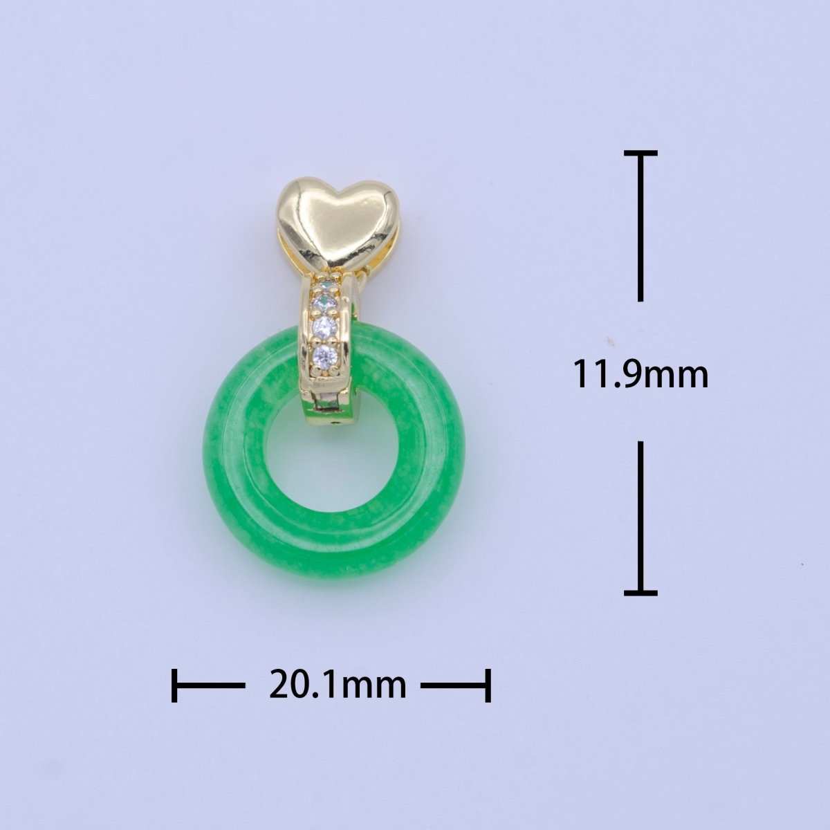 Good Fortune Green Malay Jade Donut Micro Paved CZ Gold Heart Pendant H-264 - DLUXCA