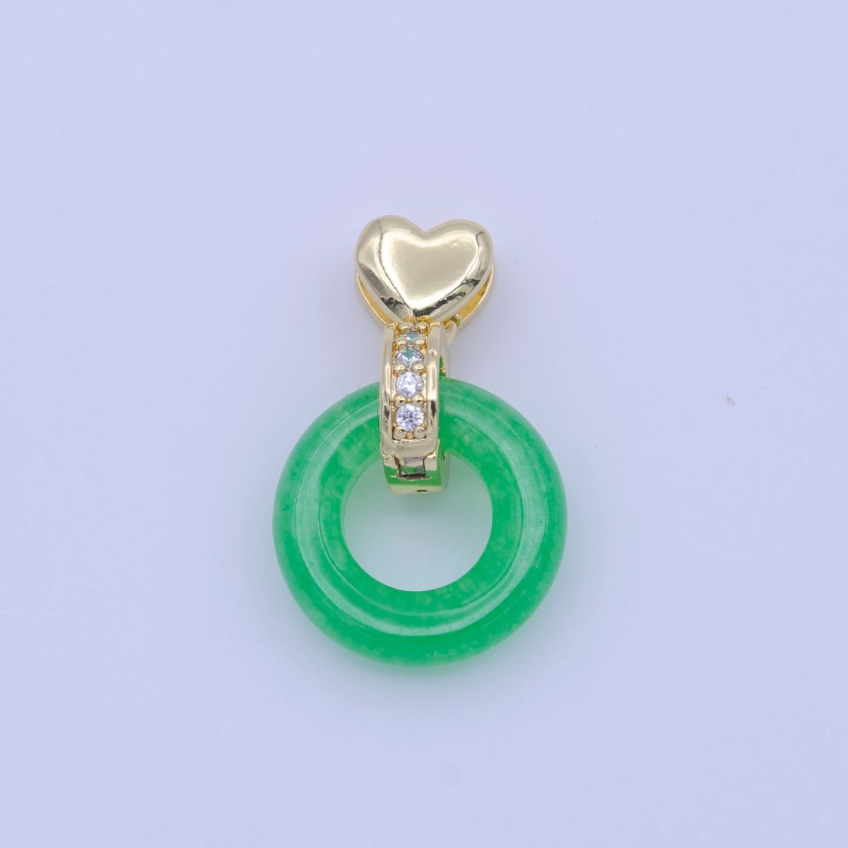 Good Fortune Green Malay Jade Donut Micro Paved CZ Gold Heart Pendant H-264 - DLUXCA