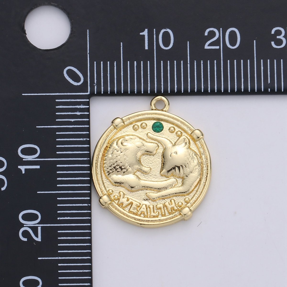 Good Luck charm "Wealth" Rustic Coin Gold Filled Charm with Green Crystal C-930 - DLUXCA