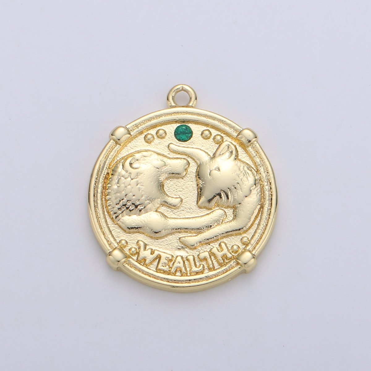 Good Luck charm "Wealth" Rustic Coin Gold Filled Charm with Green Crystal C-930 - DLUXCA