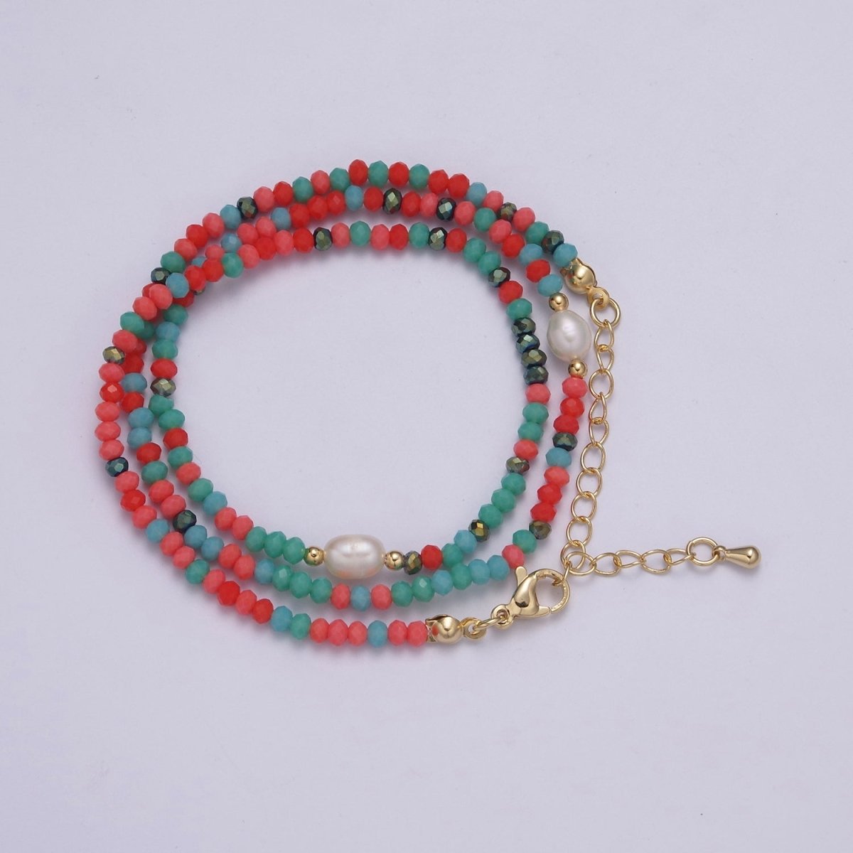 Gorgeous colorful red, green Glass bead w/ Pearl gold chain necklace for Christmas Holiday Season | WA-448 Clearance Pricing - DLUXCA