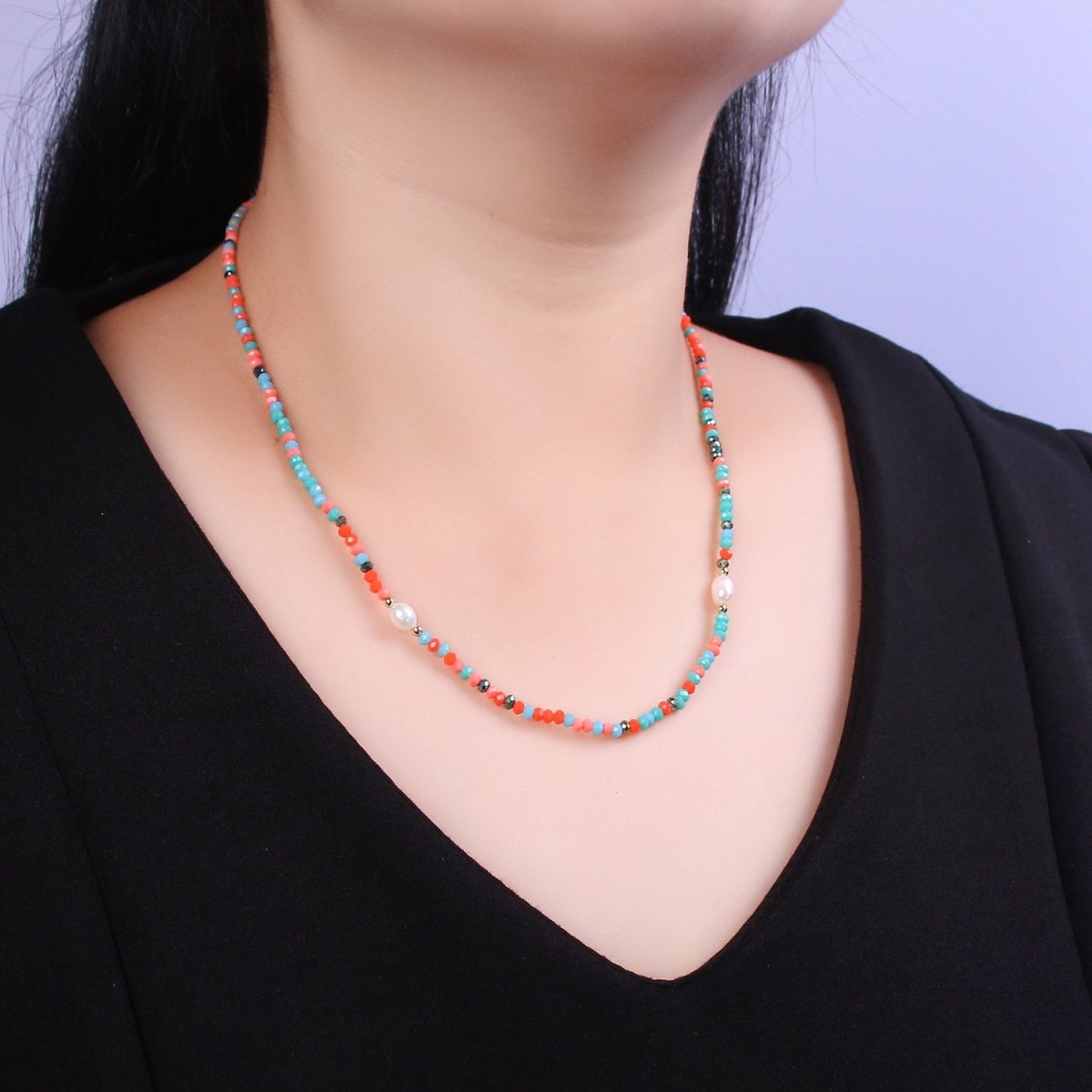 Gorgeous colorful red, green Glass bead w/ Pearl gold chain necklace for Christmas Holiday Season | WA-448 Clearance Pricing - DLUXCA