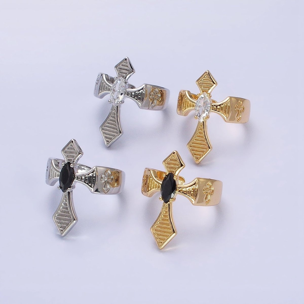 Gothic Style Cross Ring, Adjustable Ring, Gold Silver Ring With Clear Black Zirconia Stone Adjustable Ring Y-613 ~ Y-616 - DLUXCA