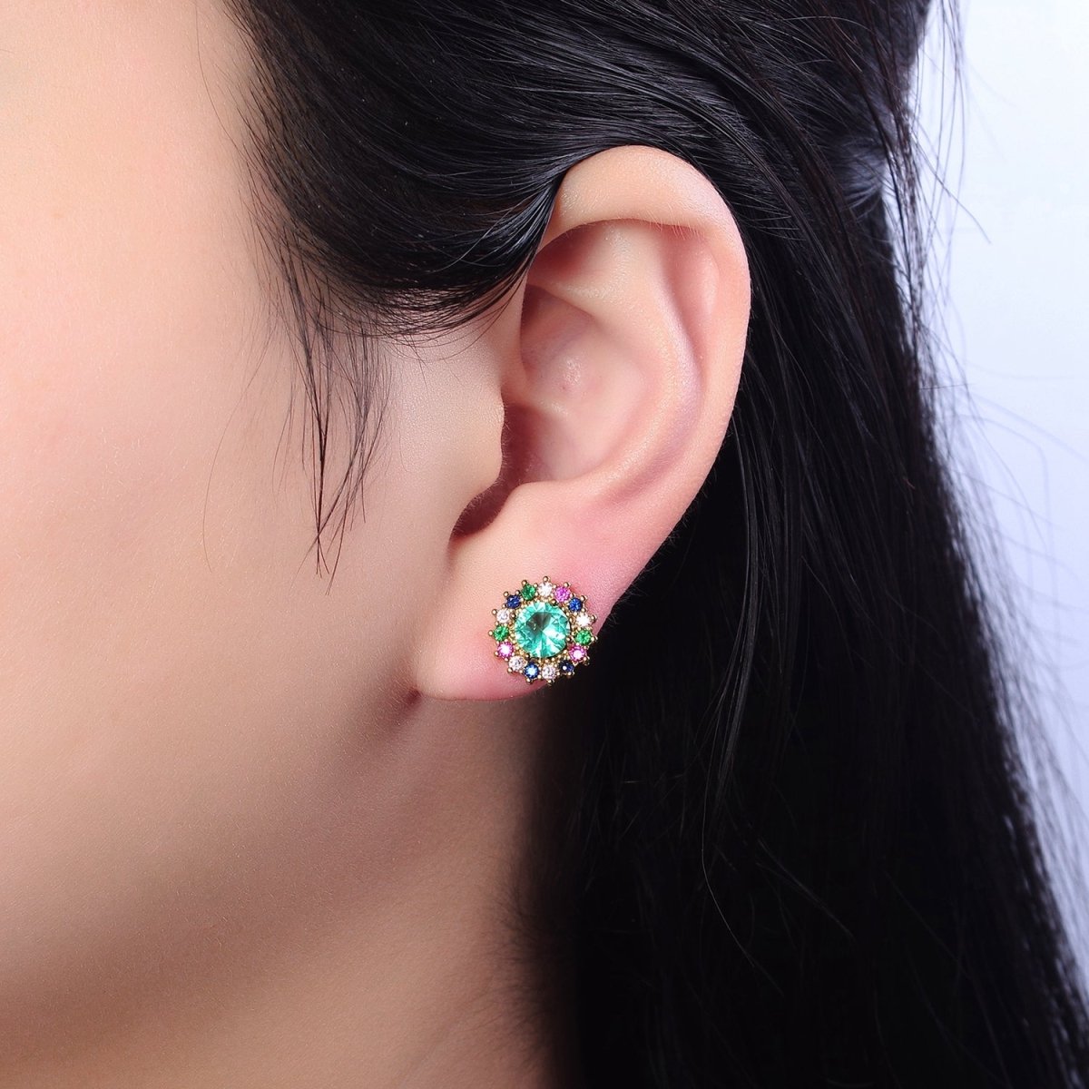 Green Aqua Sun Stud Earring V-112 - DLUXCA