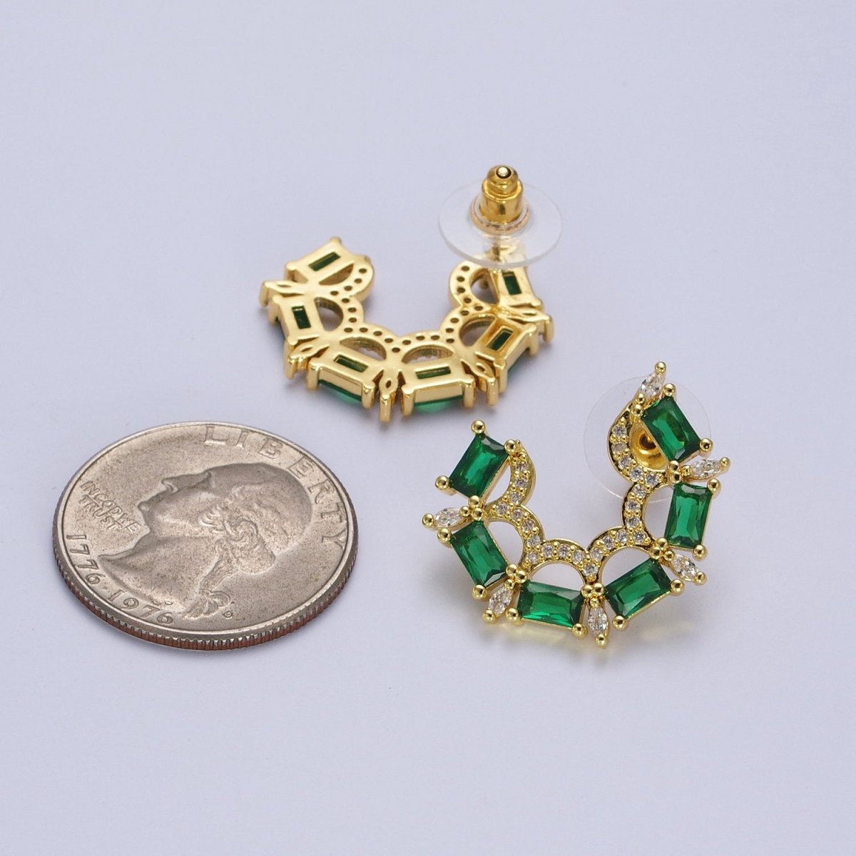 Green Baguette Clear Marquise Micro Paved CZ Geometric Stud Earrings | P-522 - DLUXCA
