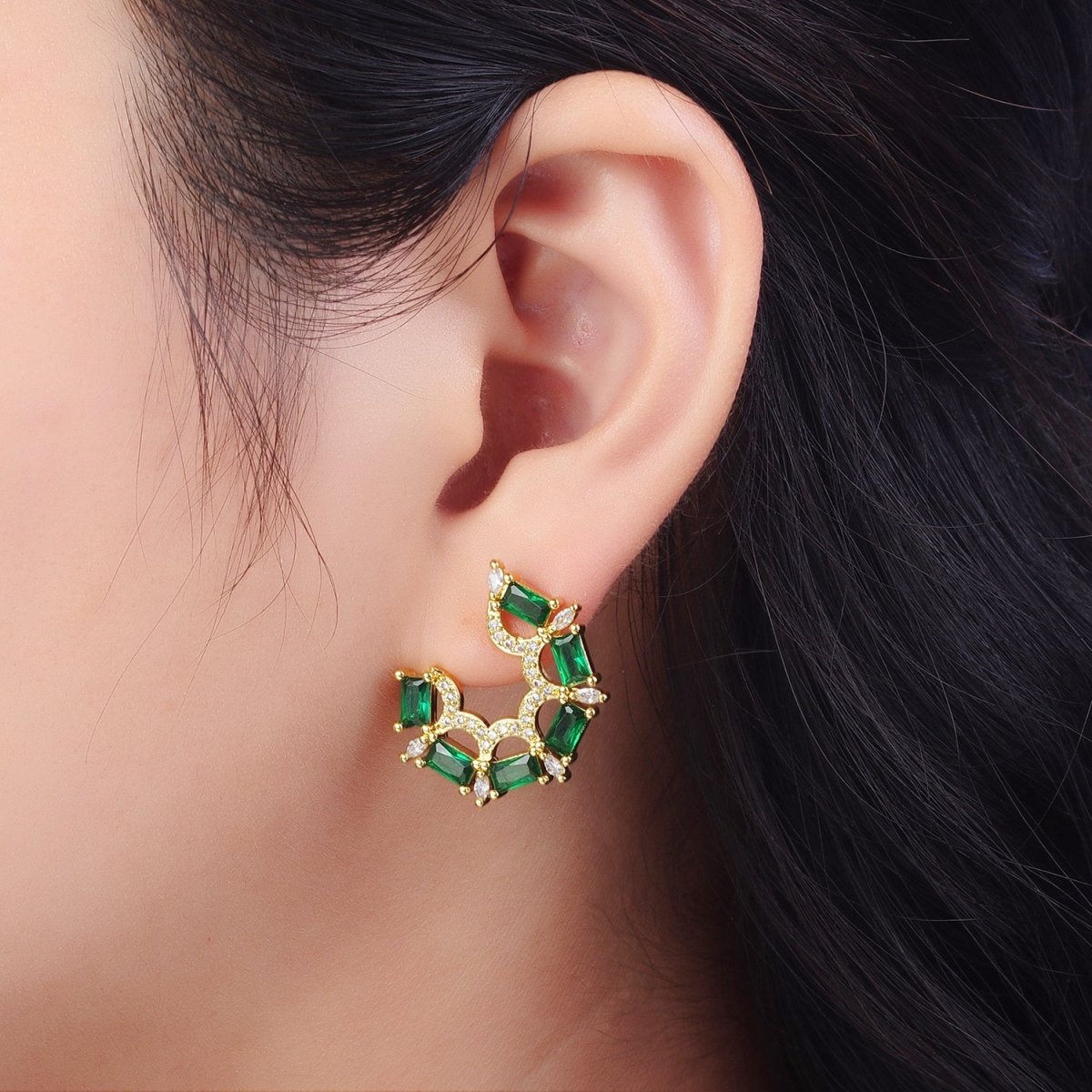 Green Baguette Clear Marquise Micro Paved CZ Geometric Stud Earrings | P-522 - DLUXCA