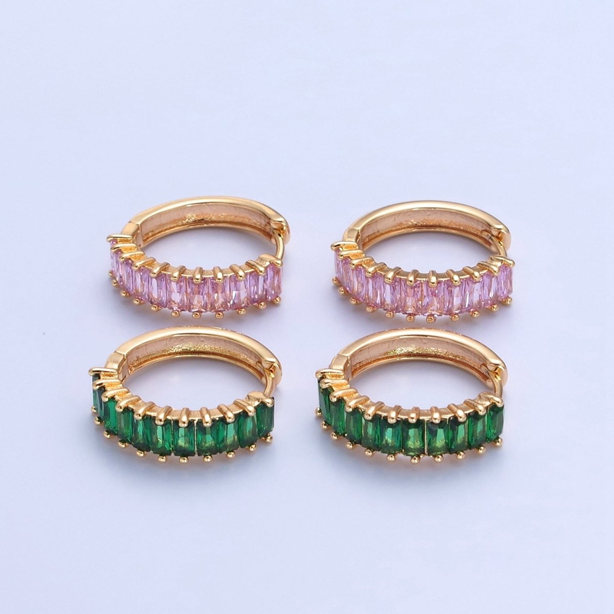 Green Baguette Hoop Earring / Pink Baguettee Hoop Earring in 18k Gold Filled Hoop T-492 T-493 - DLUXCA