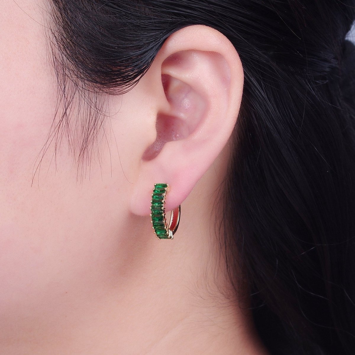 Green Baguette Hoop Earring / Pink Baguettee Hoop Earring in 18k Gold Filled Hoop T-492 T-493 - DLUXCA