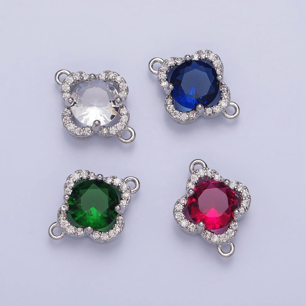 Green, Clear, Blue, Red Round CZ Micro Paved Quatrefoil Clover Silver Connector | AA837 - A840 - DLUXCA