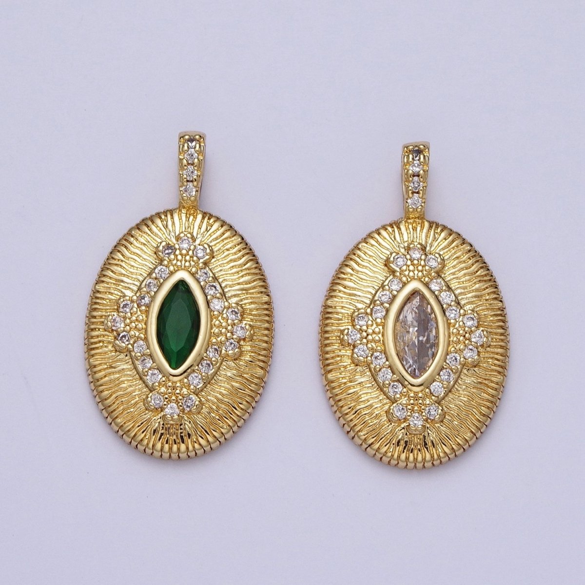 Green, Clear Marquise Line Textured Oval Micro Paved Gold Pendant H-911 H-935 - DLUXCA