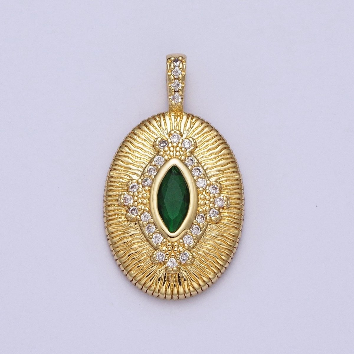 Green, Clear Marquise Line Textured Oval Micro Paved Gold Pendant H-911 H-935 - DLUXCA