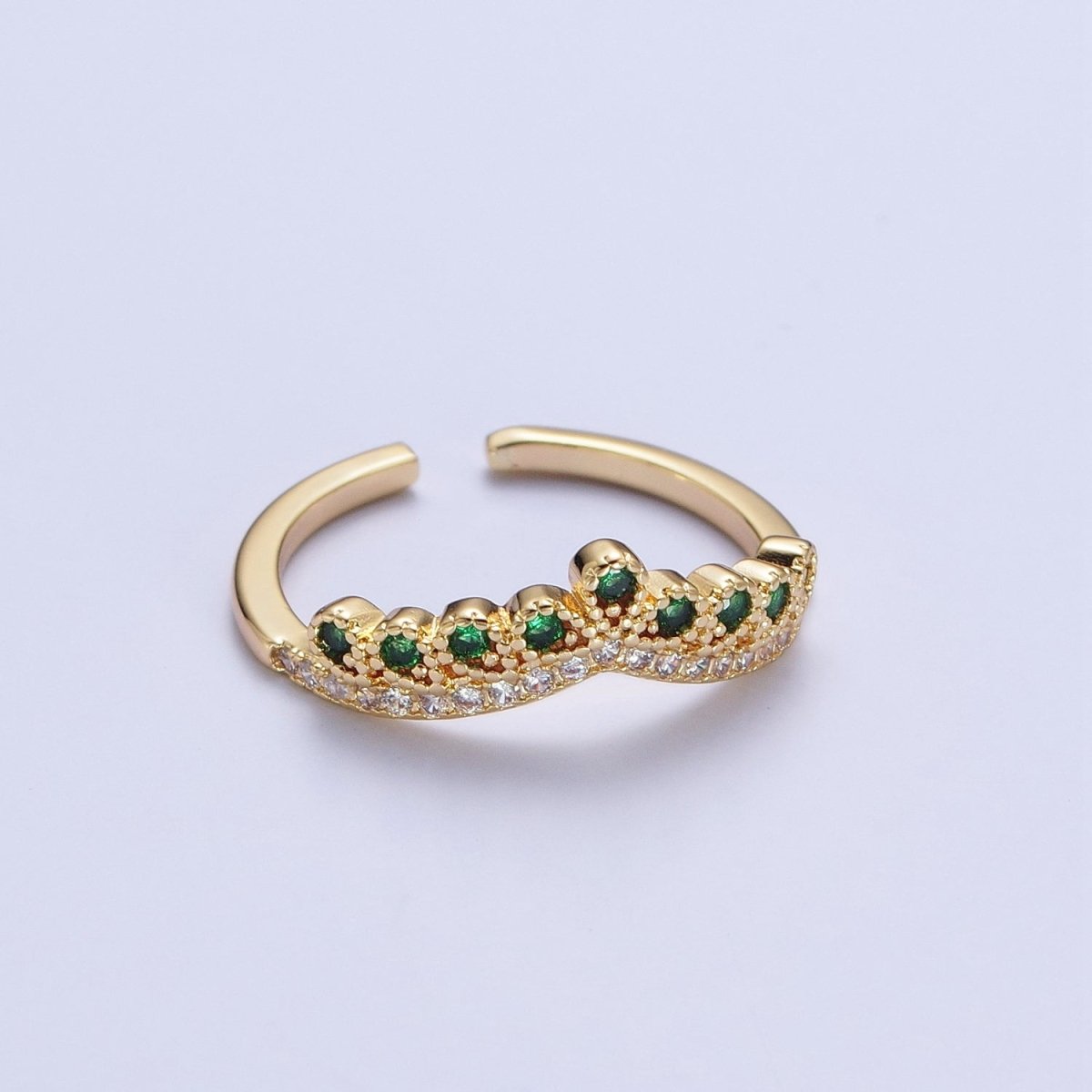 Green & Clear Micro Paved Cubic Zirconia Curved Line Crown Adjustable Gold Ring | X-586 - DLUXCA