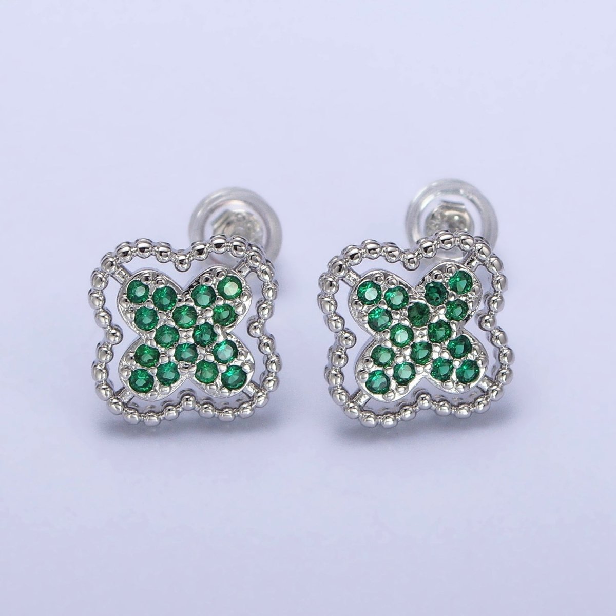 Green, Clear, Pink Micro Paved CZ Beaded Quatrefoil Clover Stud Earrings in Gold & Silver | AB404 - AB409 - DLUXCA
