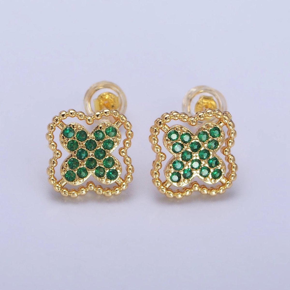 Green, Clear, Pink Micro Paved CZ Beaded Quatrefoil Clover Stud Earrings in Gold & Silver | AB404 - AB409 - DLUXCA
