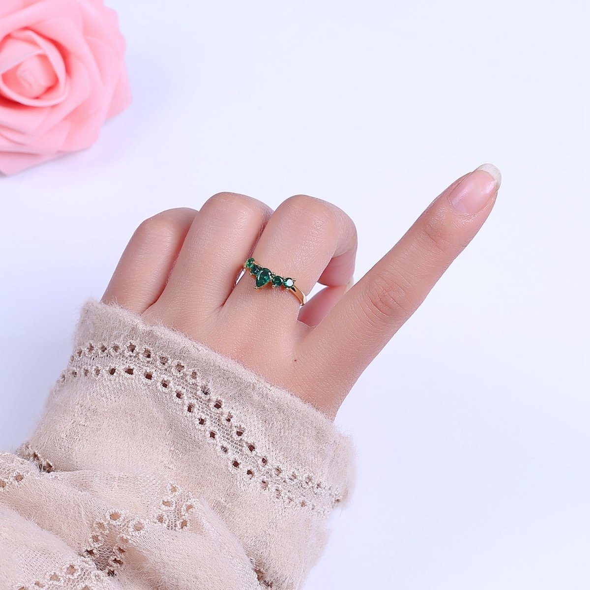 Green Crown Gold Emerald Style Ring with Cubic Zirconia Dainty Marquise CZ Adjustable Ring S-504 - DLUXCA