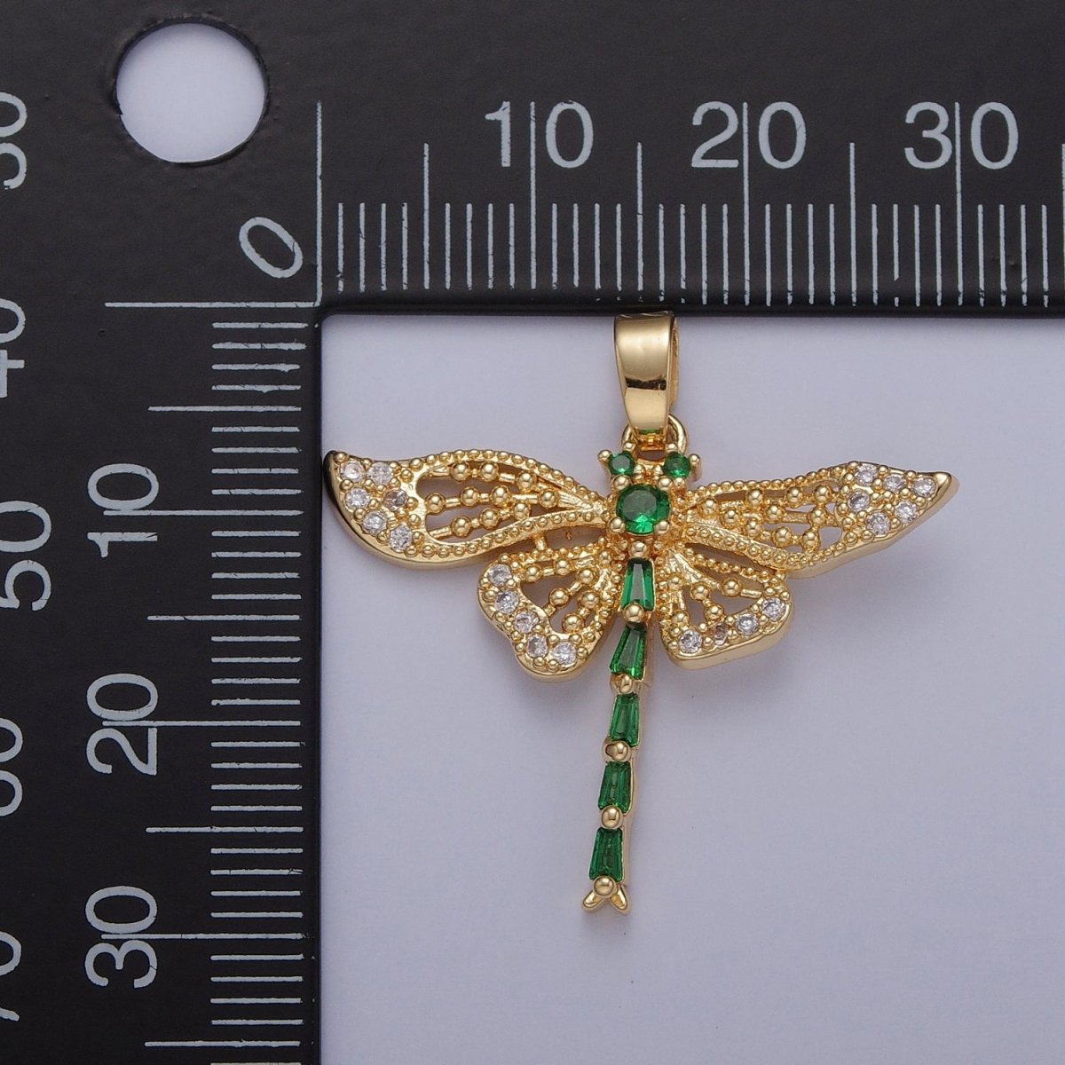 Green Emerald CZ Dragon Fly Necklace Charm Gold Insect Pendant Jewelry X-324 - DLUXCA