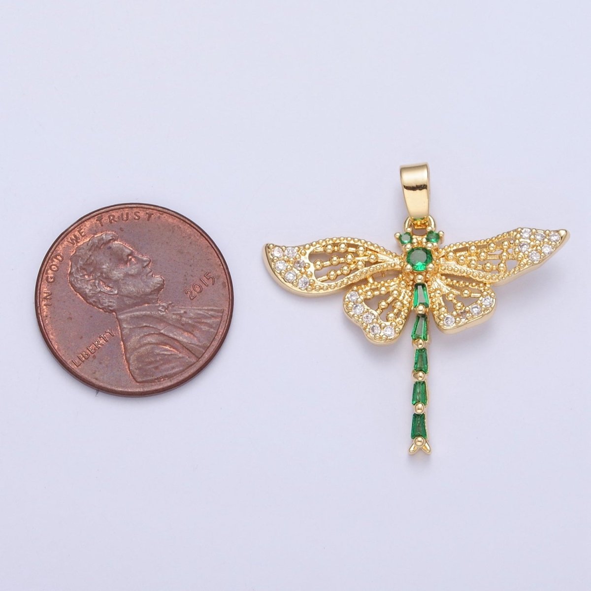 Green Emerald CZ Dragon Fly Necklace Charm Gold Insect Pendant Jewelry X-324 - DLUXCA