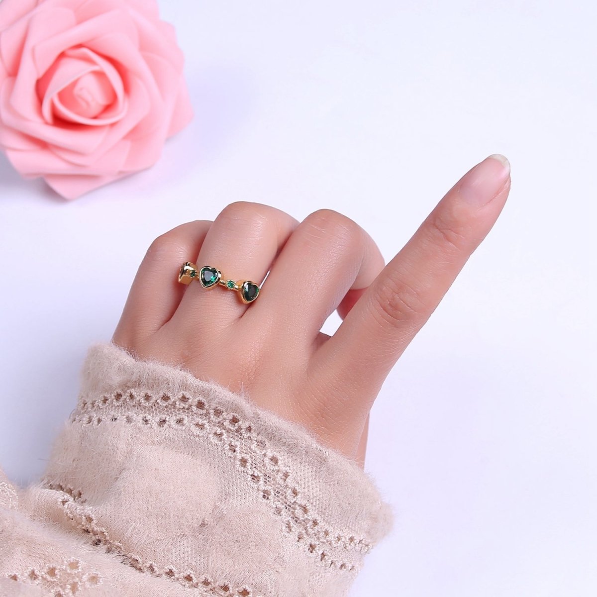 Green Emerald Cz Heart Ring Open Adjustable Ring O-2039 - DLUXCA