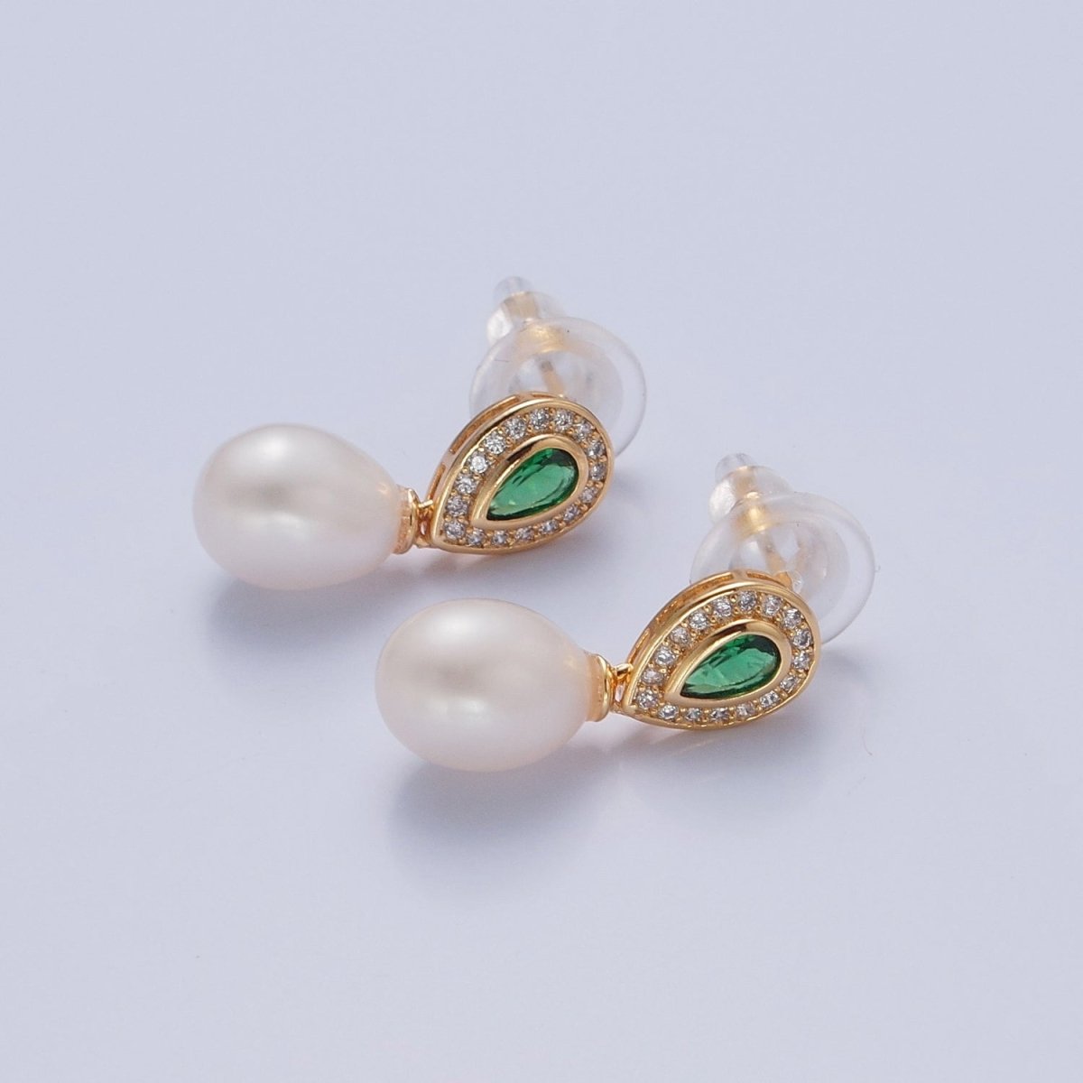 Green Emerald CZ Tear Drop Stud Earring With Pearl T-540 - DLUXCA