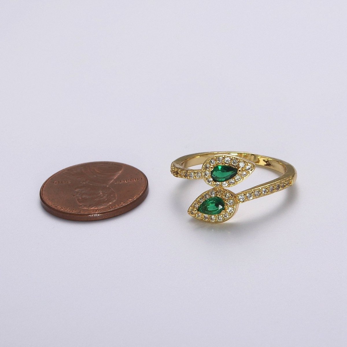 Green Emerald Tear Drop Cz Ring Open Adjustable Ring O-2040 - DLUXCA