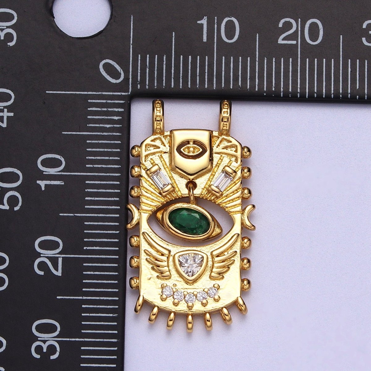 Green Evil Eye Dangle Baguette Tarot Card Gold Connector | Y-677 - DLUXCA