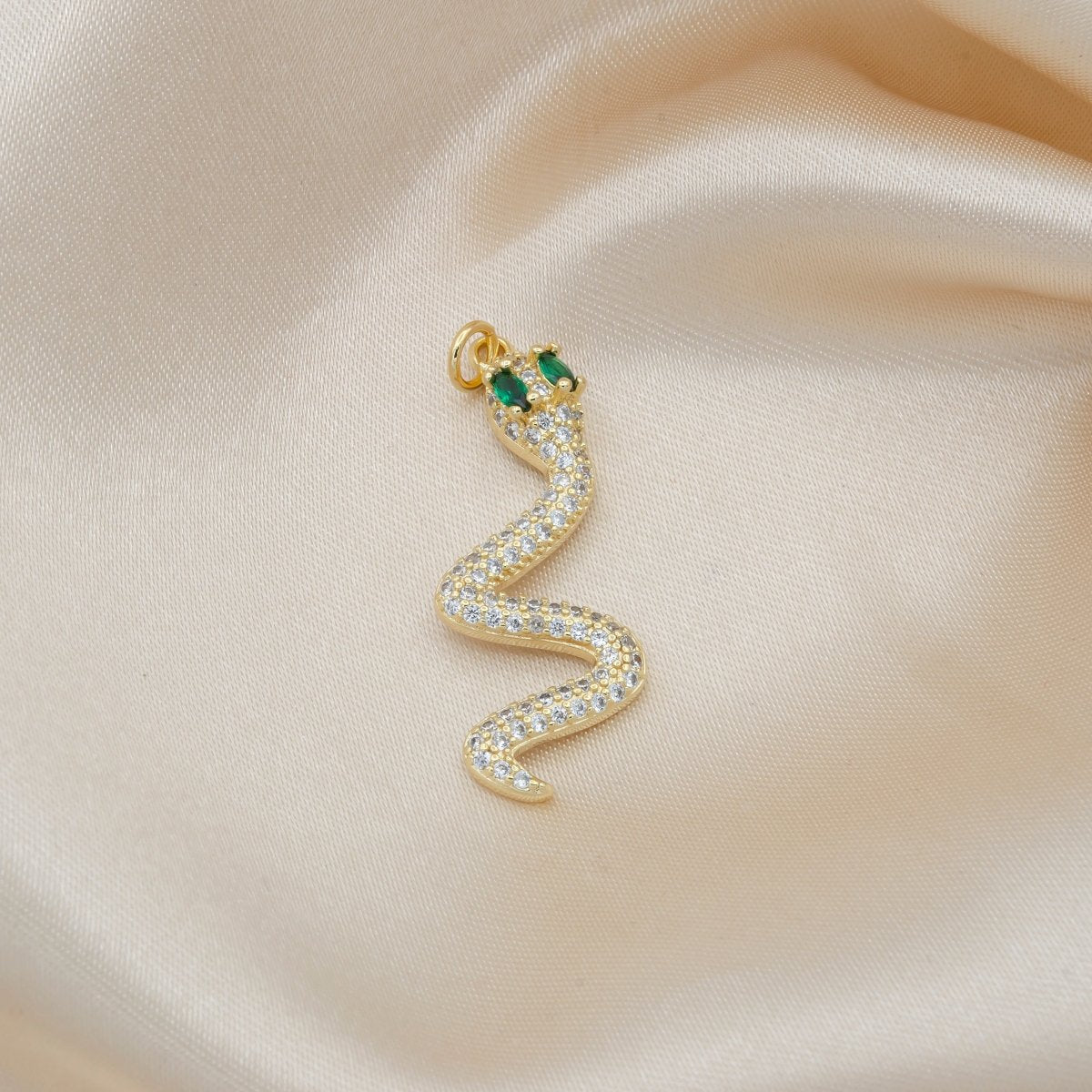 Green Eyed Spiral Curve Shape Golden Baby Snake Charm CZ Mini Animal Nature Micro Pave Charm Pendant GP-550 - DLUXCA