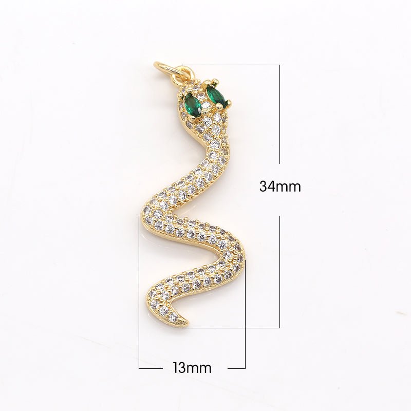 Green Eyed Spiral Curve Shape Golden Baby Snake Charm CZ Mini Animal Nature Micro Pave Charm Pendant GP-550 - DLUXCA