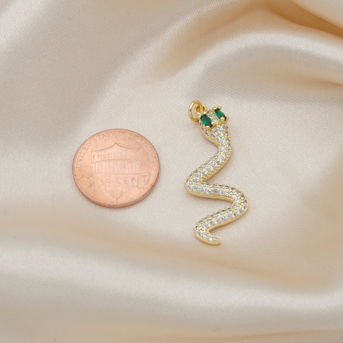 Green Eyed Spiral Curve Shape Golden Baby Snake Charm CZ Mini Animal Nature Micro Pave Charm Pendant GP-550 - DLUXCA