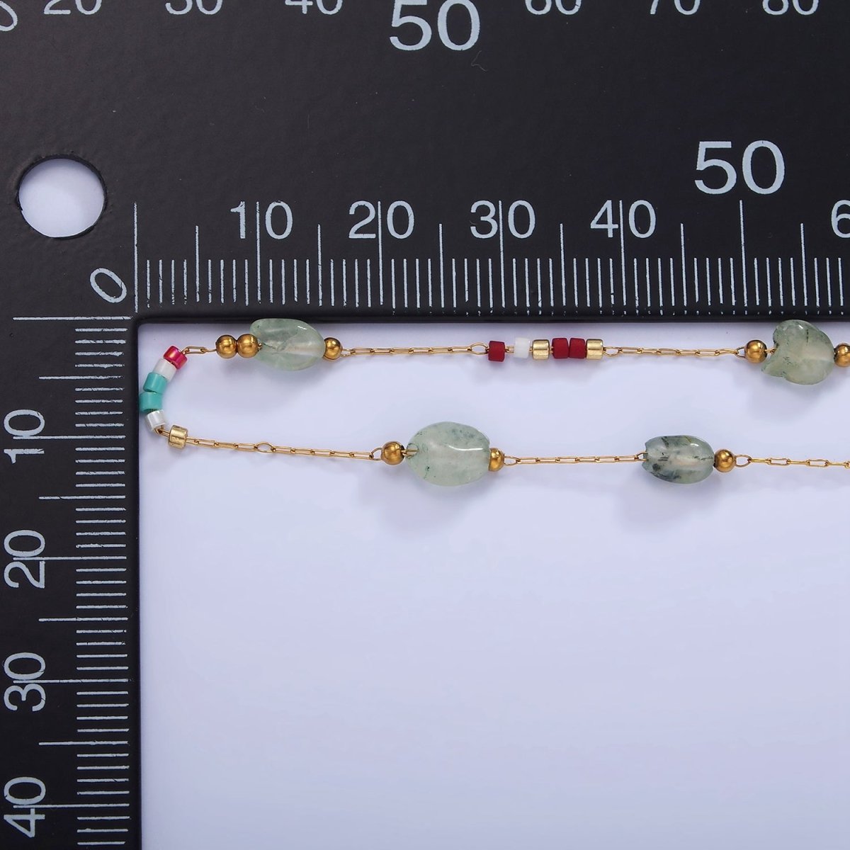 Green Gemstone Beaded Chain on Gold Paperclip Chain by Yard | ROLL-1499 - DLUXCA