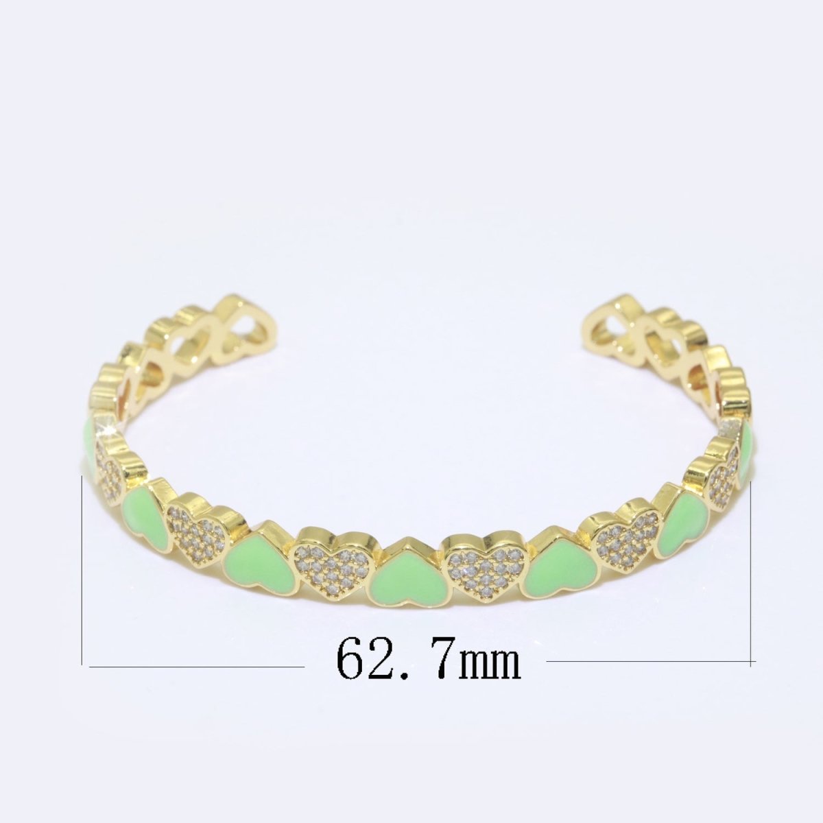 Green Heart Enamel 14k Gold Filled Adjustable Bangle, Gold Cuff Bangle Bracelet Micro Pave Jewelry - DLUXCA