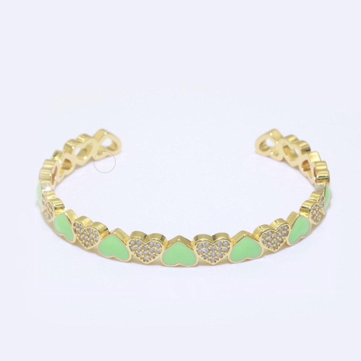 Green Heart Enamel 14k Gold Filled Adjustable Bangle, Gold Cuff Bangle Bracelet Micro Pave Jewelry - DLUXCA