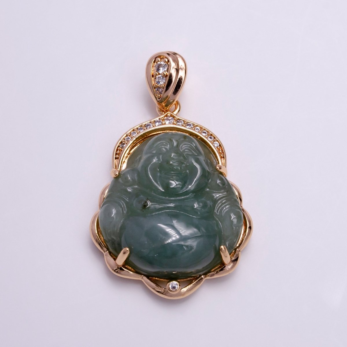 Green Jade Laughing Buddha, Gemstone Buddhism Dainty Religious Necklace Charm Necklace Pendant For Jewelry Making Micro Pave Gold Filled O124 *Overstock Clearance Special Price - DLUXCA