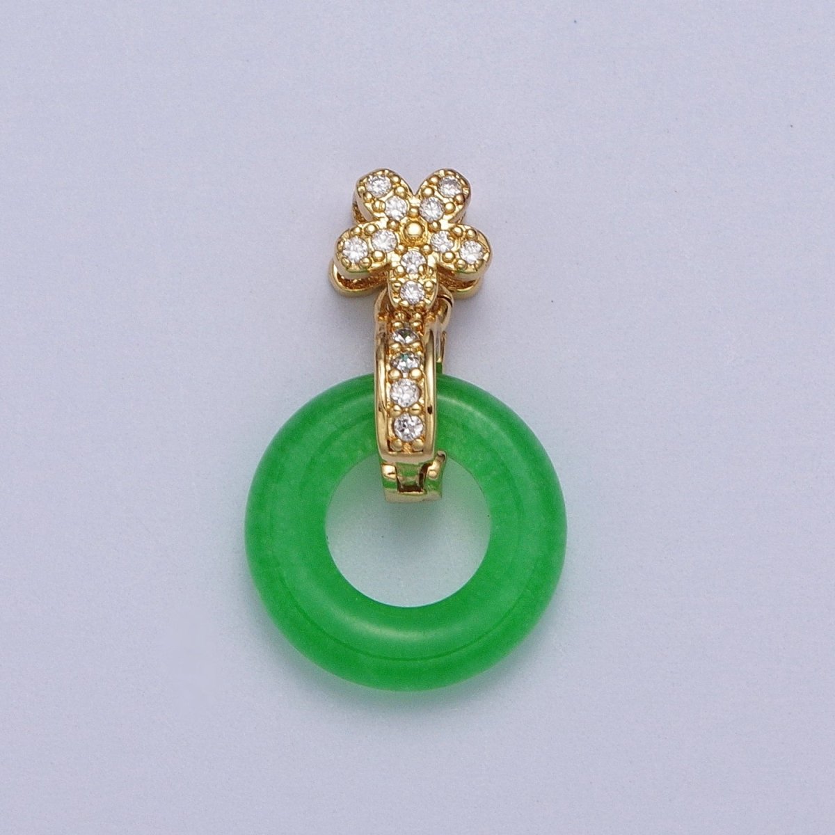 Green Malaysian Jade Donut Micro Paved CZ Gold Flower Pendant | AA010 - DLUXCA
