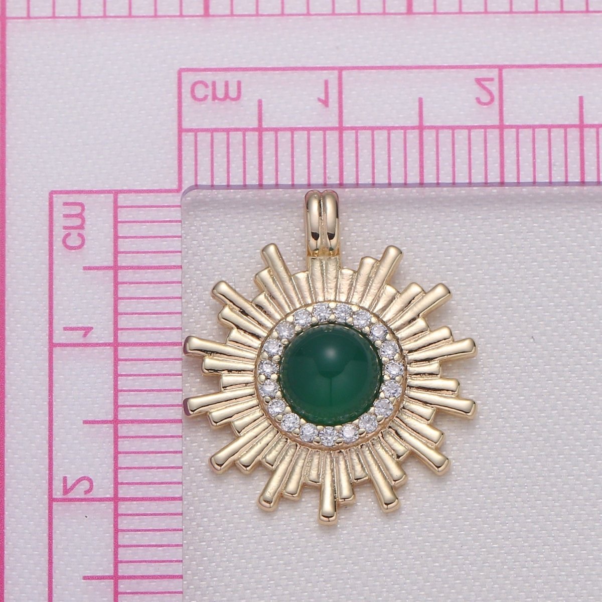 Green Natural Stone Golden Sunburst Charm CZ Morning Gold Plated Sunrays Micro Pave Charm Pendant GP-678 - DLUXCA