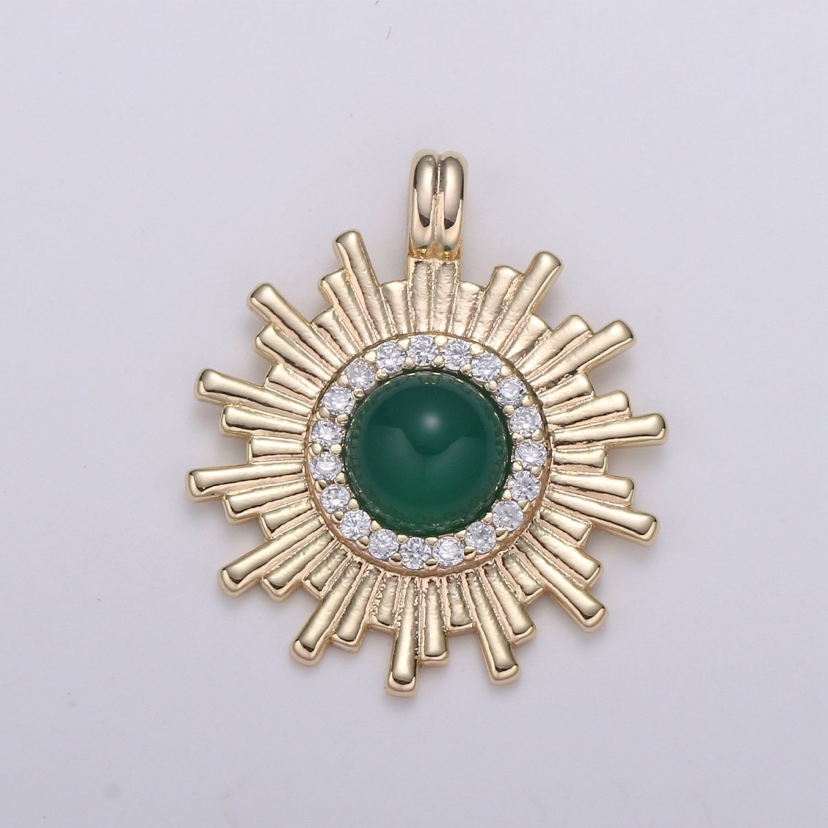 Green Natural Stone Golden Sunburst Charm CZ Morning Gold Plated Sunrays Micro Pave Charm Pendant GP-678 - DLUXCA