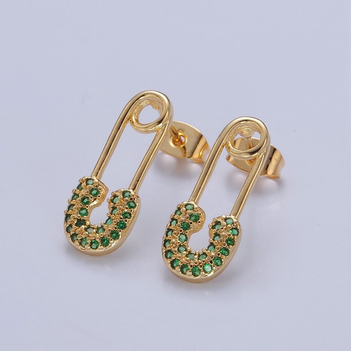 Green Pave Paper Clip Stud Earring T-418 - DLUXCA