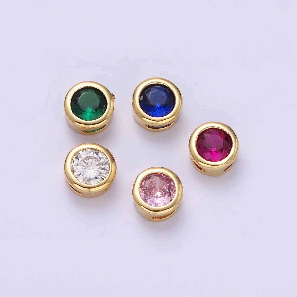 Green, Pink, Blue, Clear, Fuchsia 5.3mm Round CZ Bezel Gold Spacer Bead | B-827 B-828 B-829 B-830 B-831 - DLUXCA