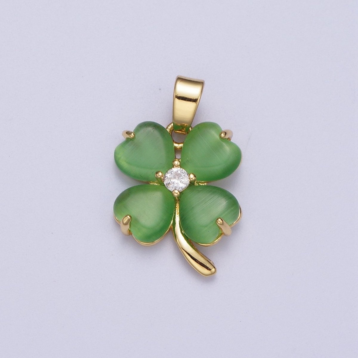 Green Quatrefoil Lucky Clover Gold Cubic Zirconia Pendant Jewelry Component For Saint Patrick Day | X-674 - DLUXCA