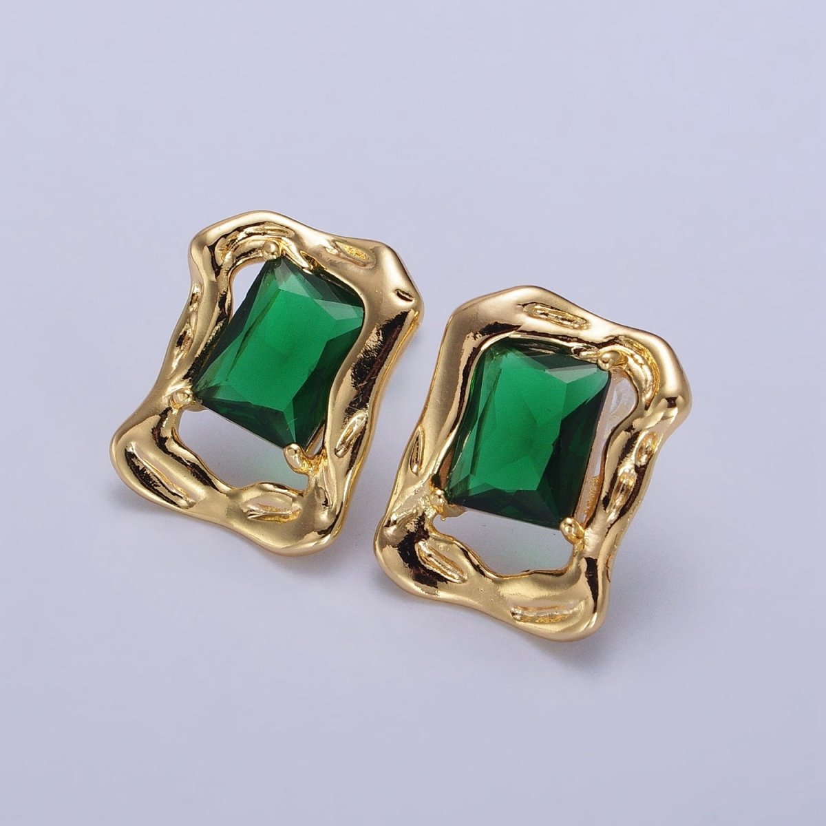Green, Red, Blue CZ Baguette Geometric Gold Framed Stud Earrings | AB134 - AB136 - DLUXCA