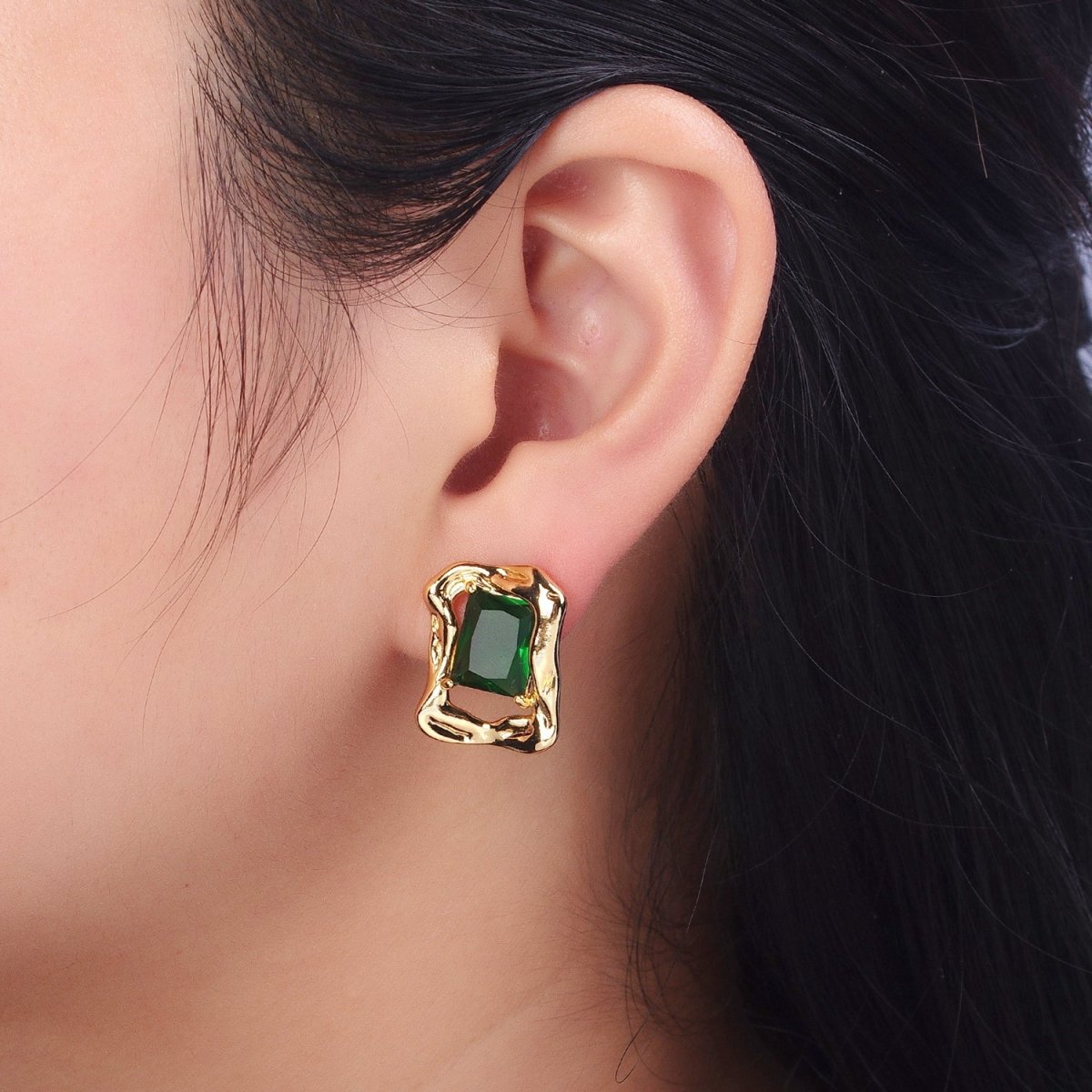 Green, Red, Blue CZ Baguette Geometric Gold Framed Stud Earrings | AB134 - AB136 - DLUXCA